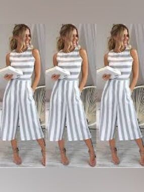 Fancyinn Cotton Blend Striped Sleeveless Wide-Leg Jumpsuit - White & Light Gray